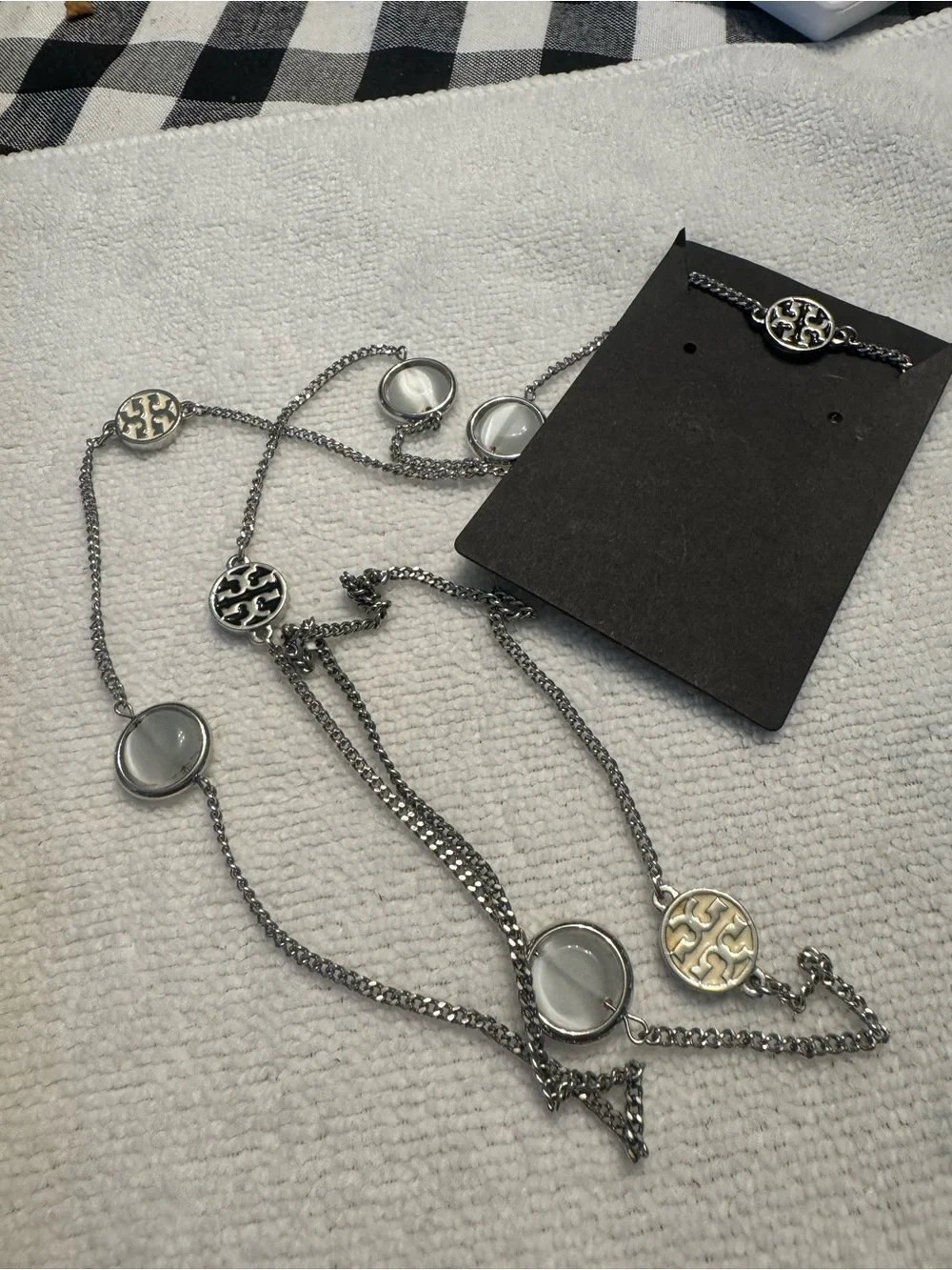Tory Burch Silver-Tone Logo & Mother-of-Pearl Station Necklace